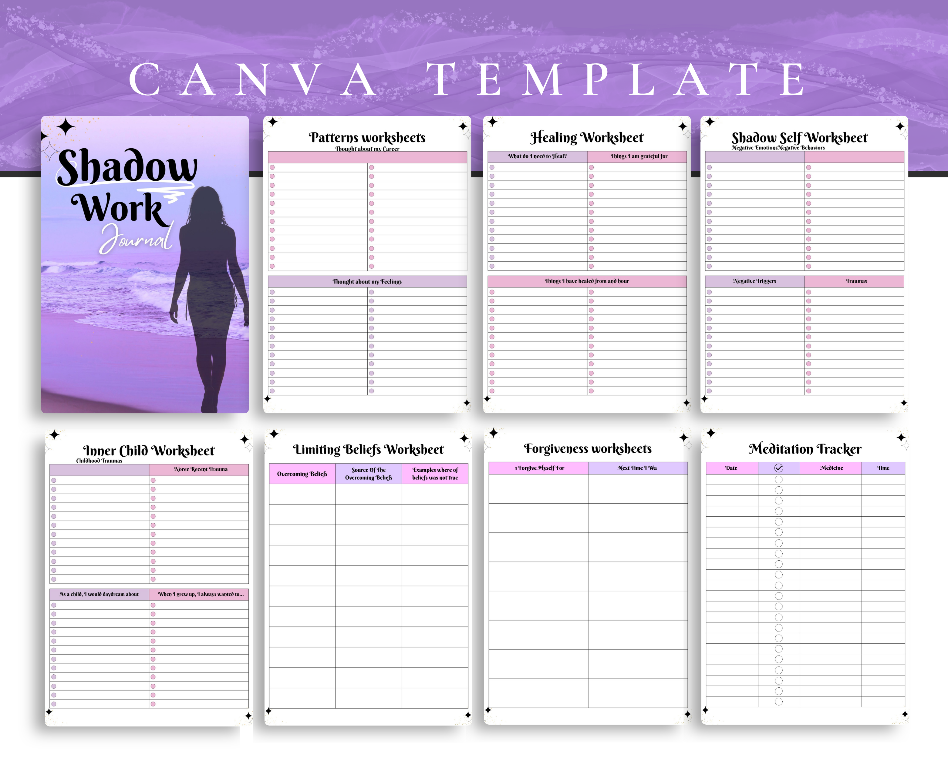 Canva template for a 'Shadow Work Journal' with various worksheets on a purple background.