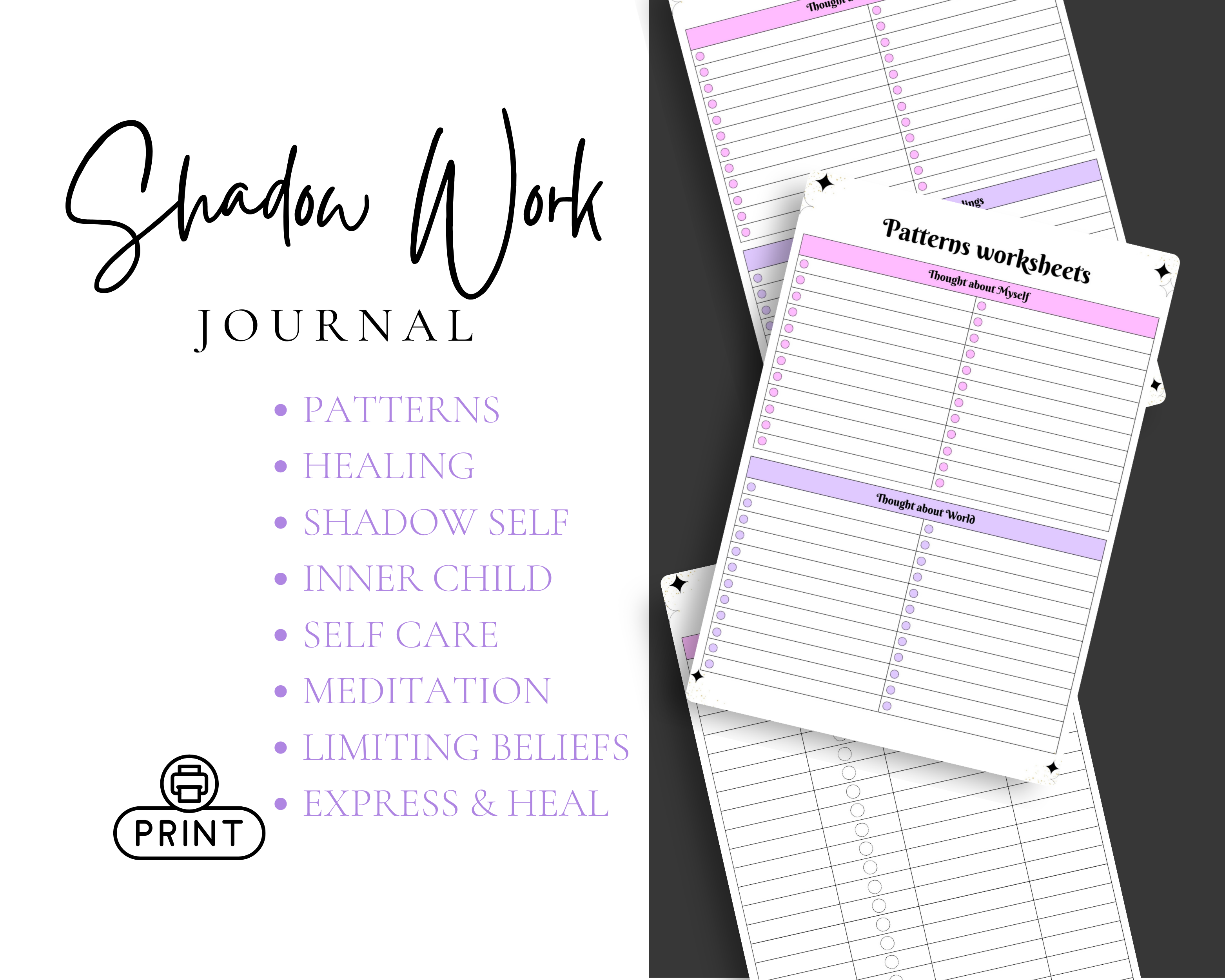 Shadow Work Journal with worksheets on a black background