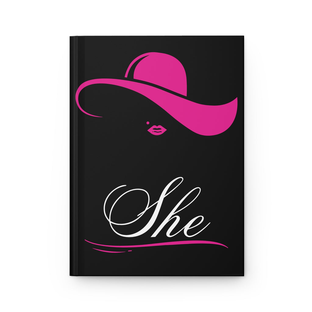 She Hardcover Journal — Elegant Pink Hat Design Lined Notebook for Women by Printify