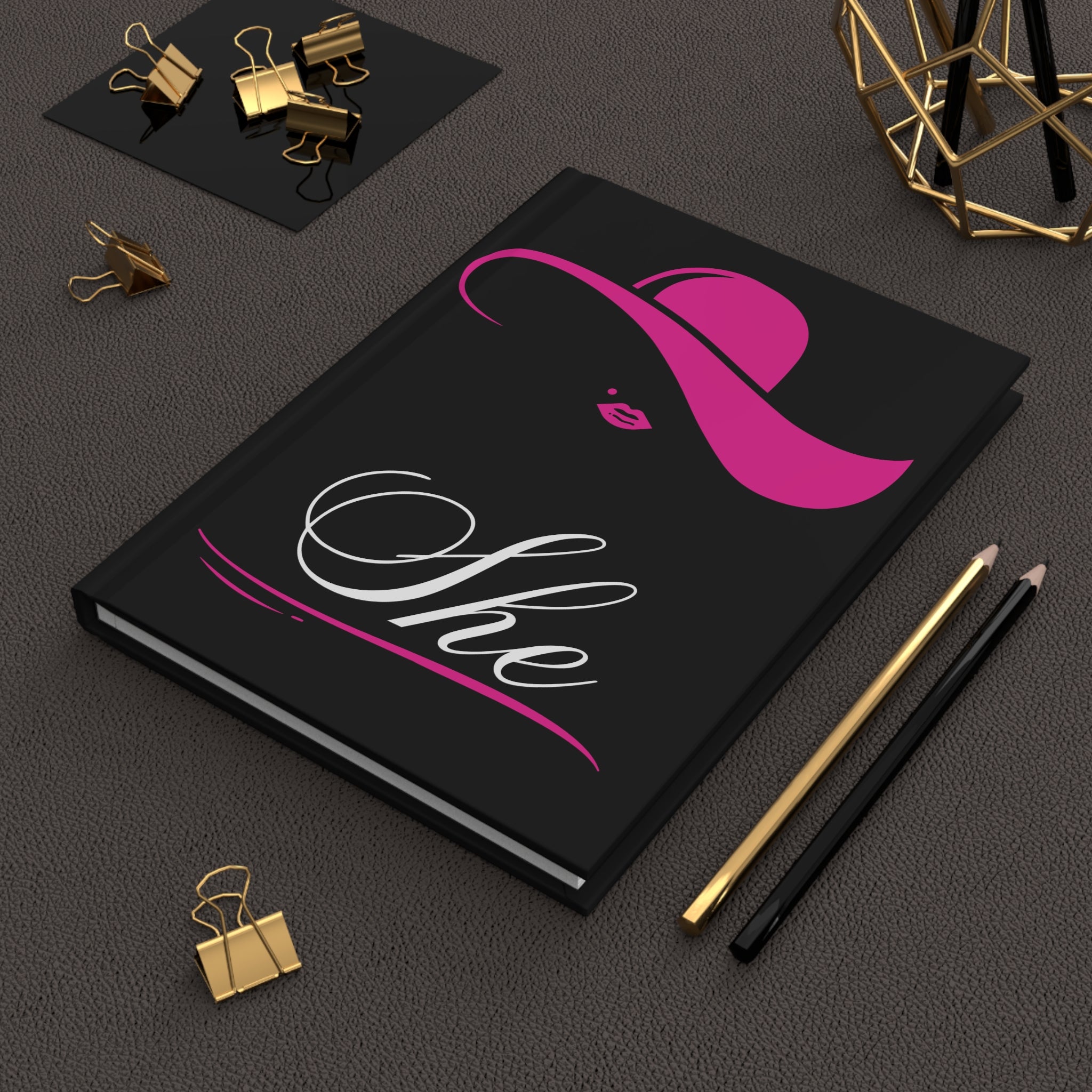 She Hardcover Journal — Elegant Pink Hat Design Lined Notebook for Women by Printify