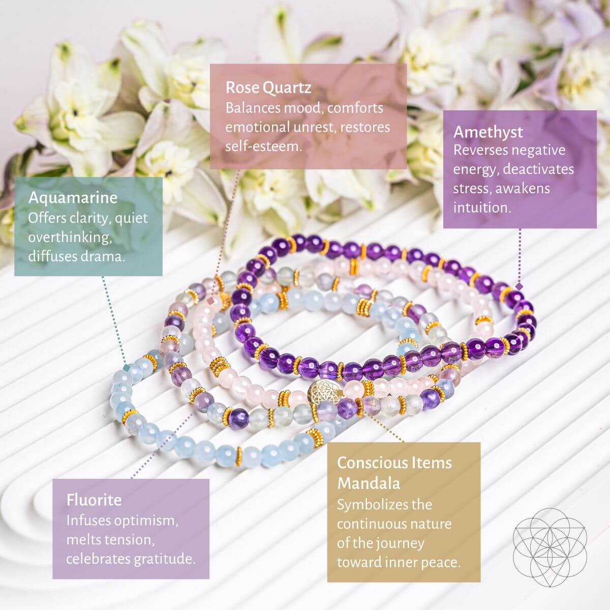 Set of beaded bracelets with color meanings displayed on a white surface with flowers in the background.