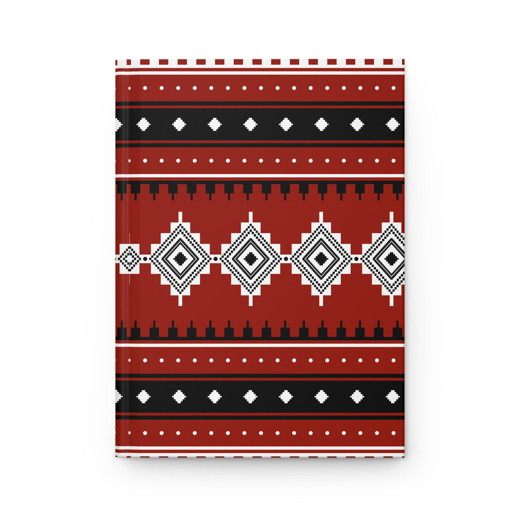 A hardcover notebook with a geometric Southwestern-style pattern in red, black, and white, shown on a clean white background.