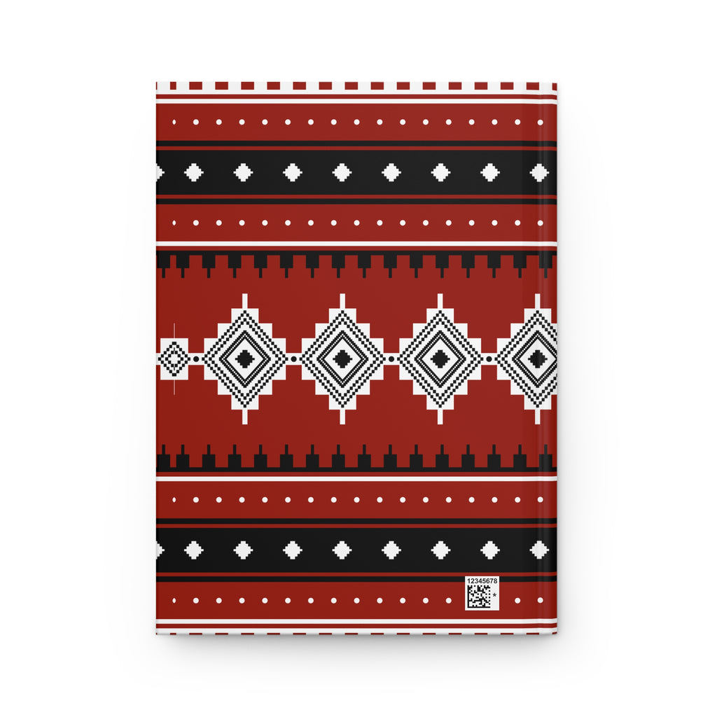 A rectangular notebook with a red, black, and white geometric pattern, shown flat against a white background.