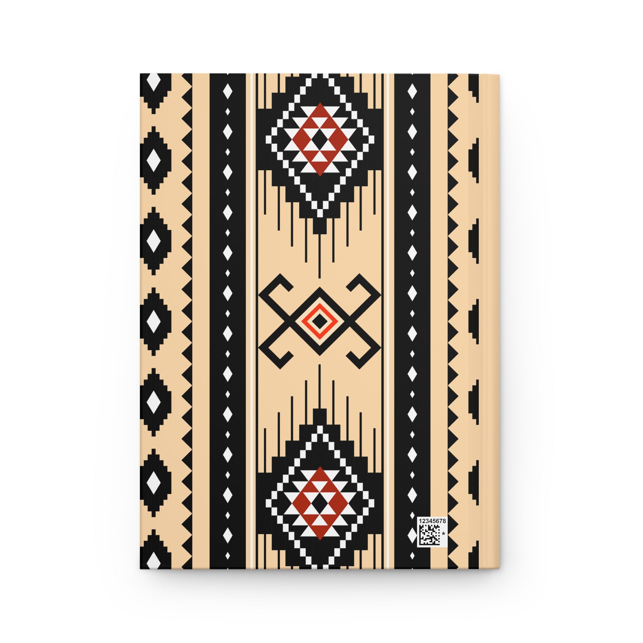 A notebook with a Southwestern geometric pattern on a light wood cover, featuring beige, black, white, and red colors, shown against a plain white background.