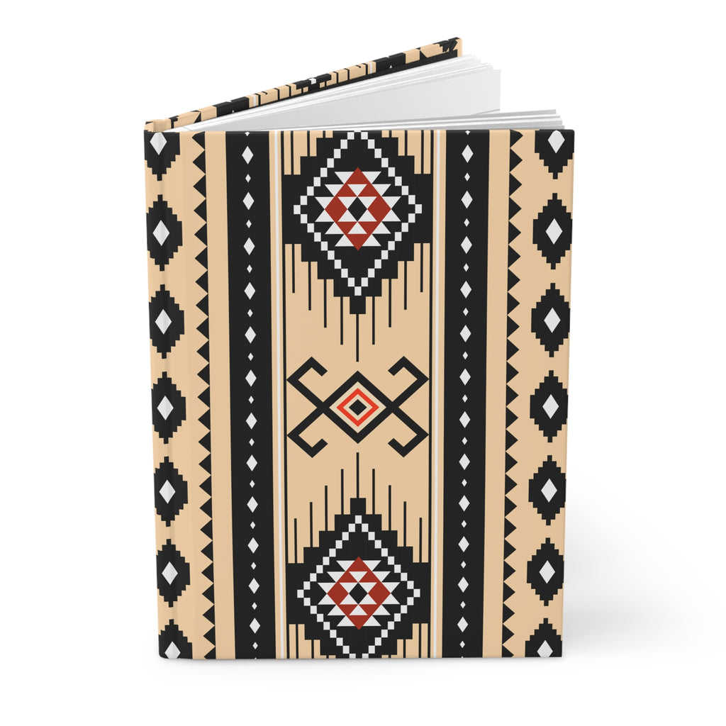 A hardcover notebook with a beige cover featuring a Southwestern geometric pattern in black, white, and red, shown on a clean white background.