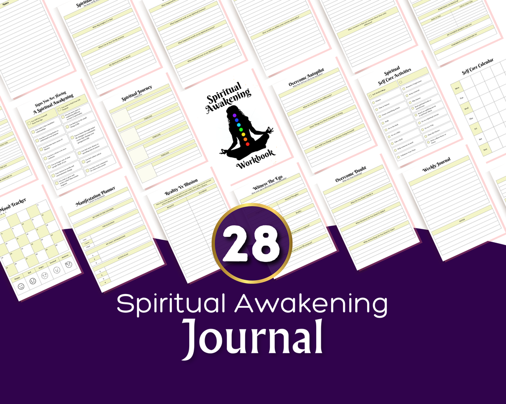 Pages from a 'Spiritual Awakening Journal' with a purple banner and number 28.