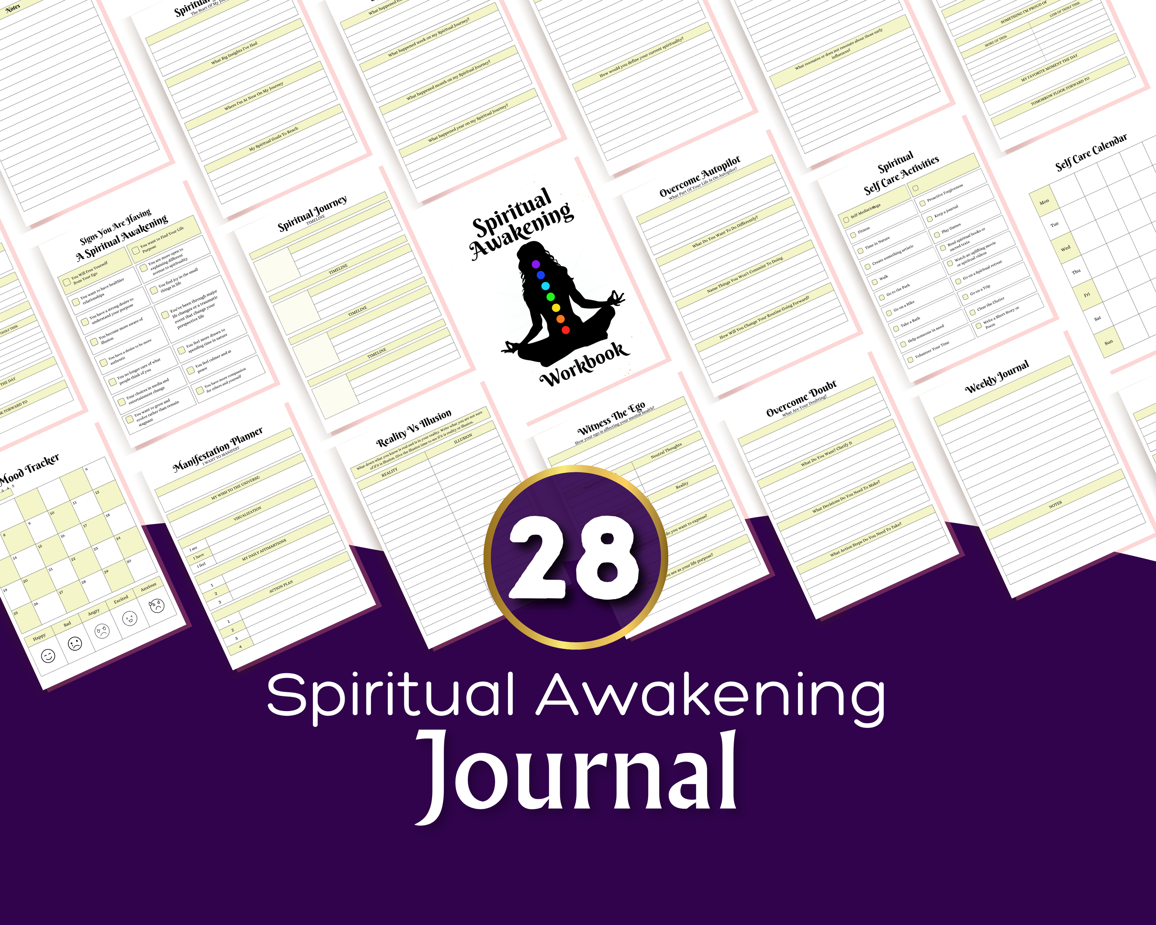 Pages from a 'Spiritual Awakening Journal' with a purple banner and number 28.