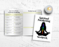 Flat lay of a printable Spiritual Awakening Workbook with chakra silhouette cover and checklist journal prompts for self-discovery and spiritual growth.