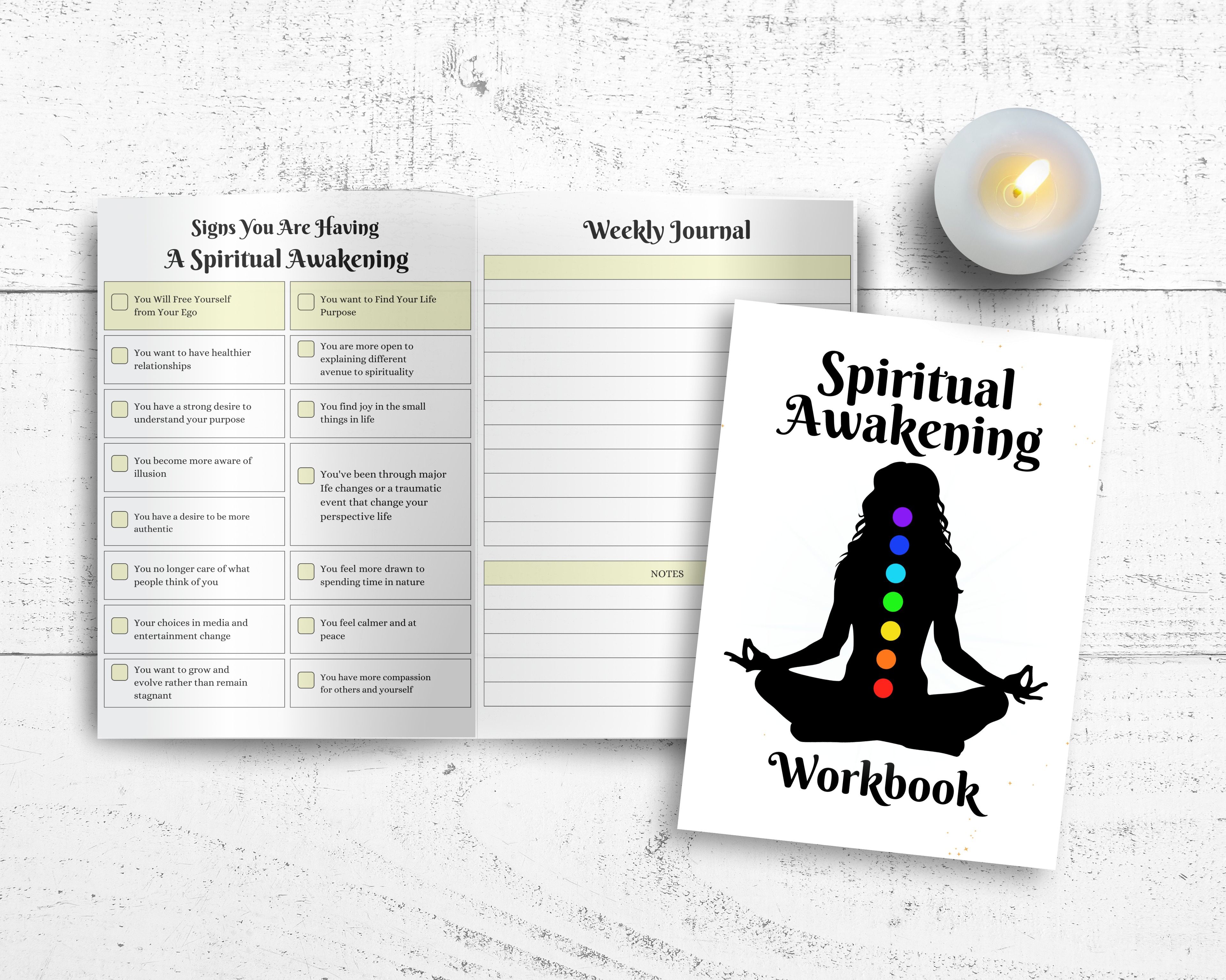 Flat lay of a printable Spiritual Awakening Workbook with chakra silhouette cover and checklist journal prompts for self-discovery and spiritual growth.