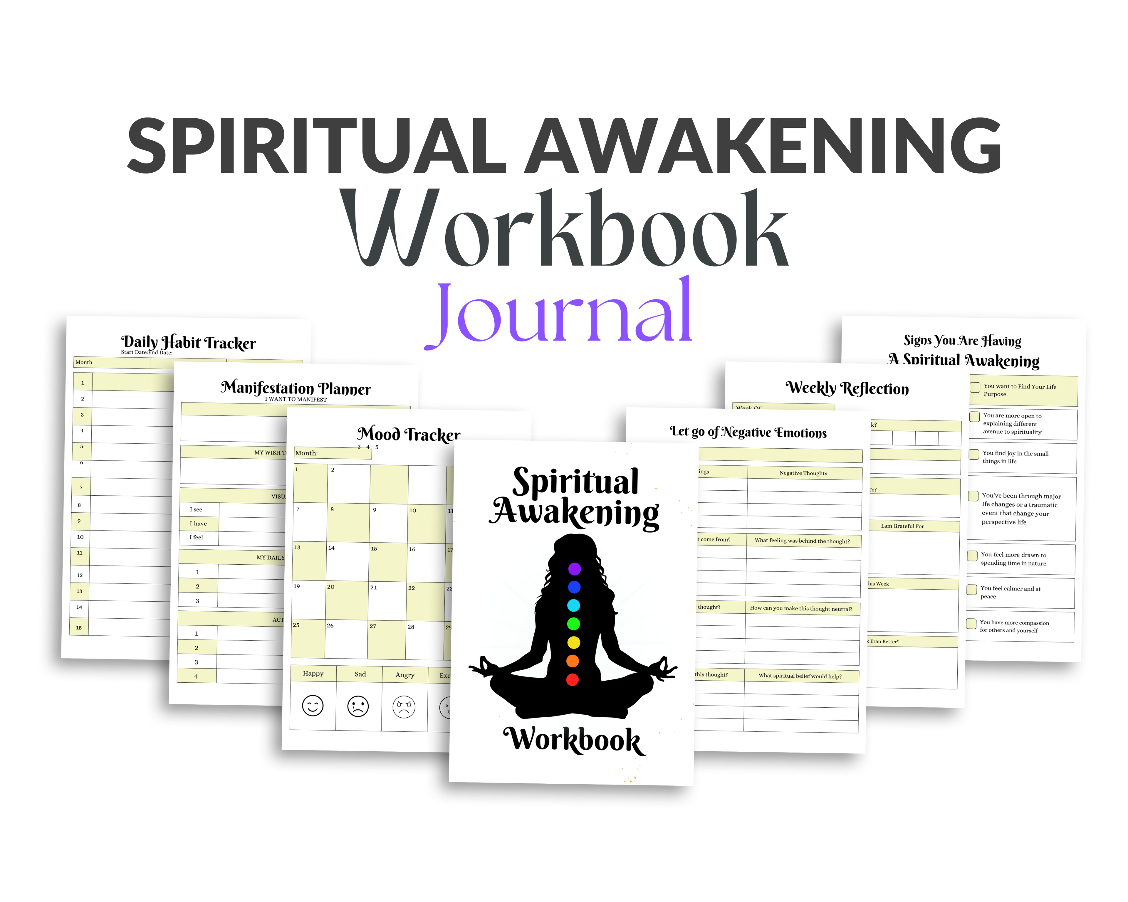 Flat lay of a printable Spiritual Awakening Workbook with chakra silhouette cover and checklist journal prompts for self-discovery and spiritual growth.