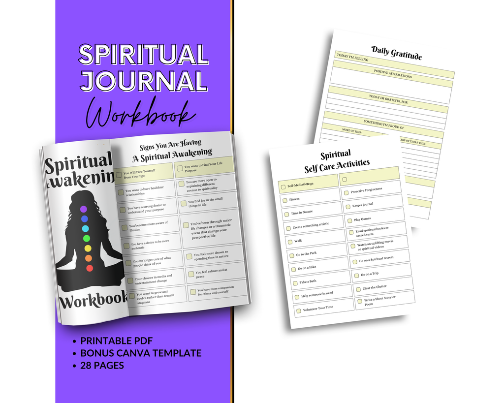 Spiritual Journal Workbook with open pages and a purple cover on a white background