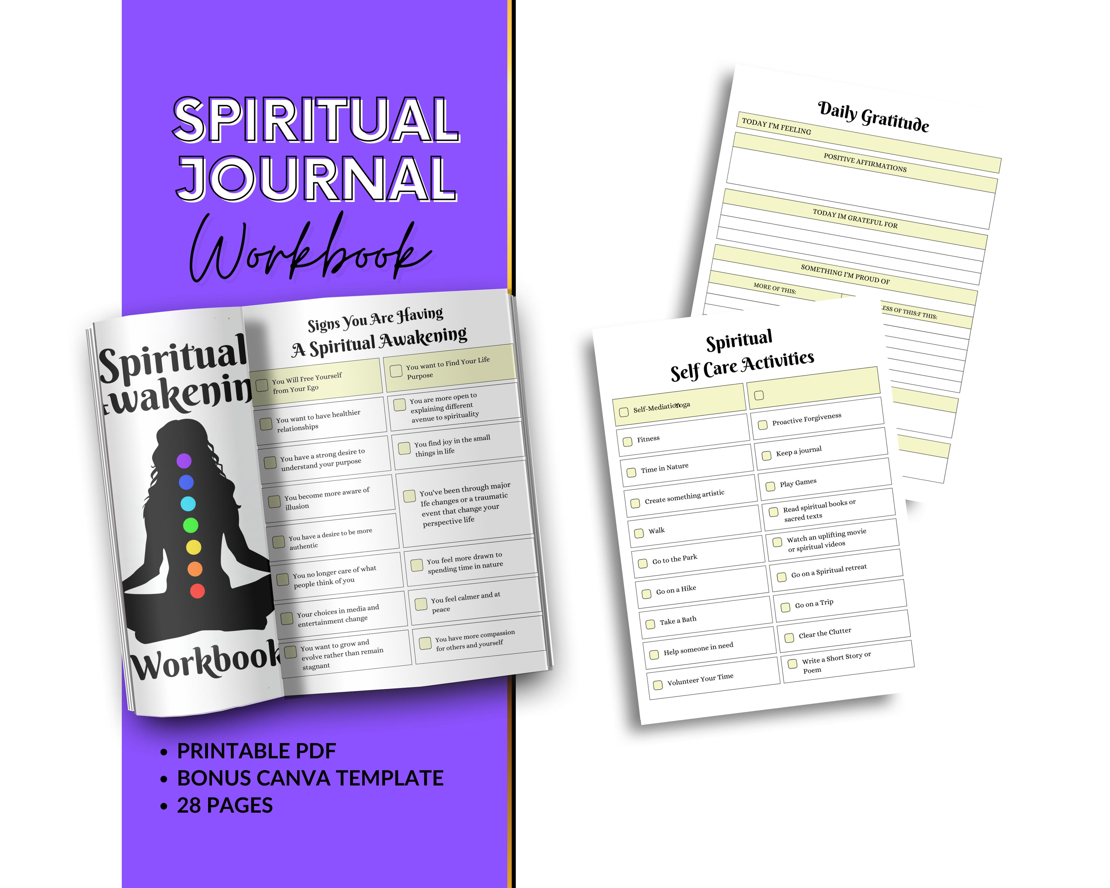 Spiritual Journal Workbook with open pages and a purple cover on a white background