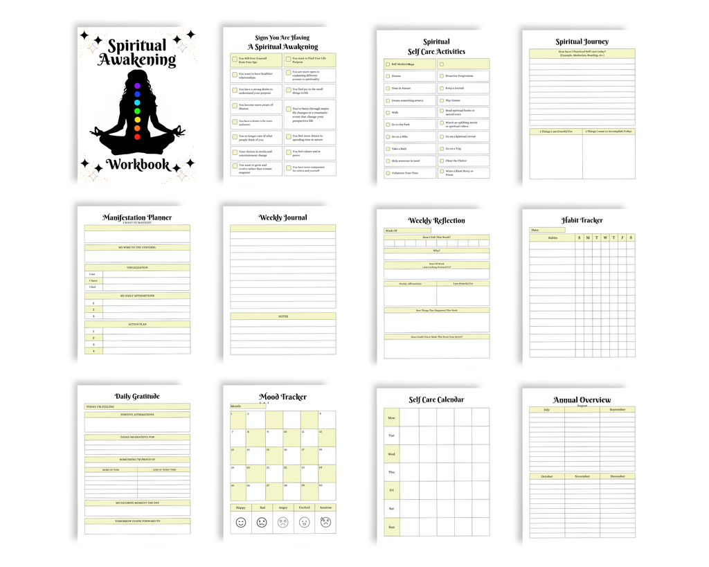 Pages from a 'Spiritual Awakening Workbook' with various sections on a white background.