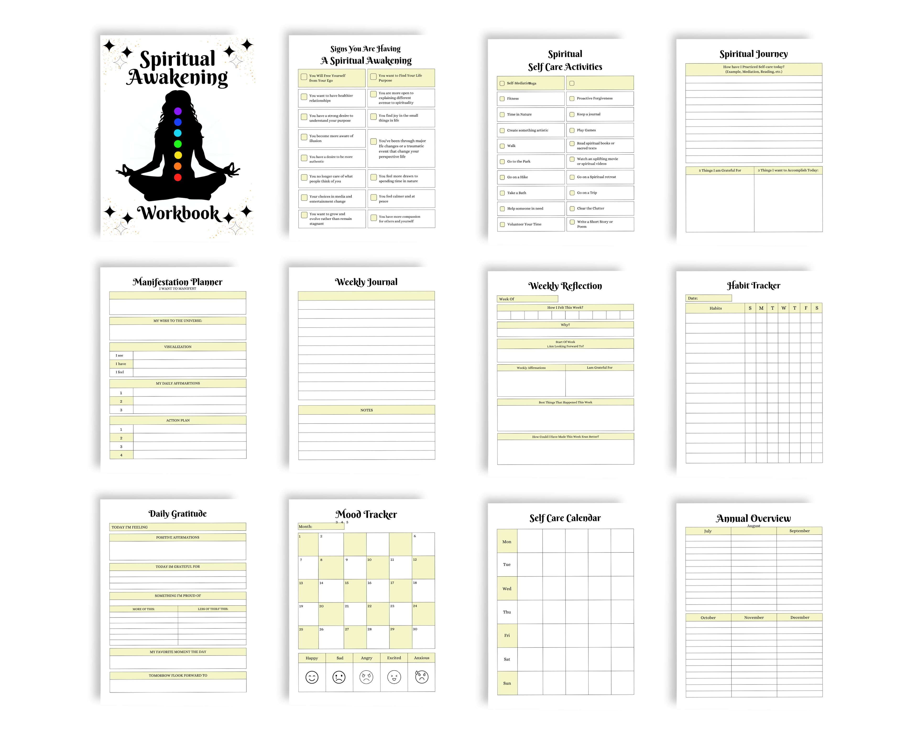 Pages from a 'Spiritual Awakening Workbook' with various sections on a white background.