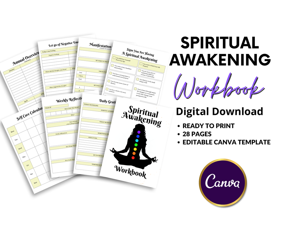 Flat lay of a printable Spiritual Awakening Workbook with chakra silhouette cover and checklist journal prompts for self-discovery and spiritual growth.
