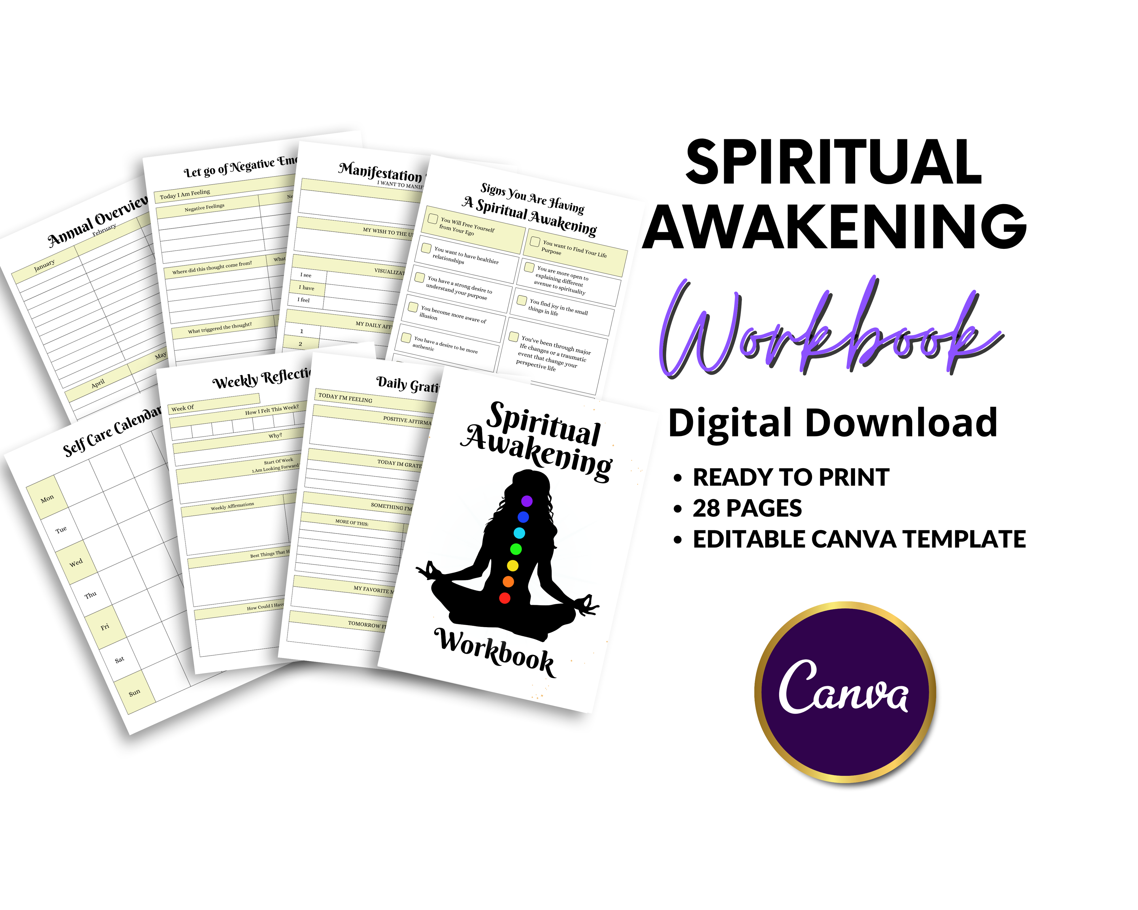 Flat lay of a printable Spiritual Awakening Workbook with chakra silhouette cover and checklist journal prompts for self-discovery and spiritual growth.
