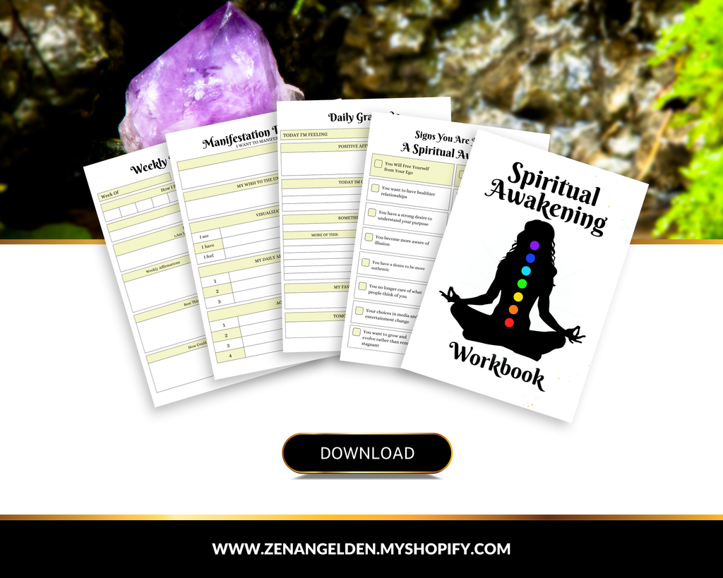 Flat lay of a printable Spiritual Awakening Workbook with chakra silhouette cover and checklist journal prompts for self-discovery and spiritual growth.