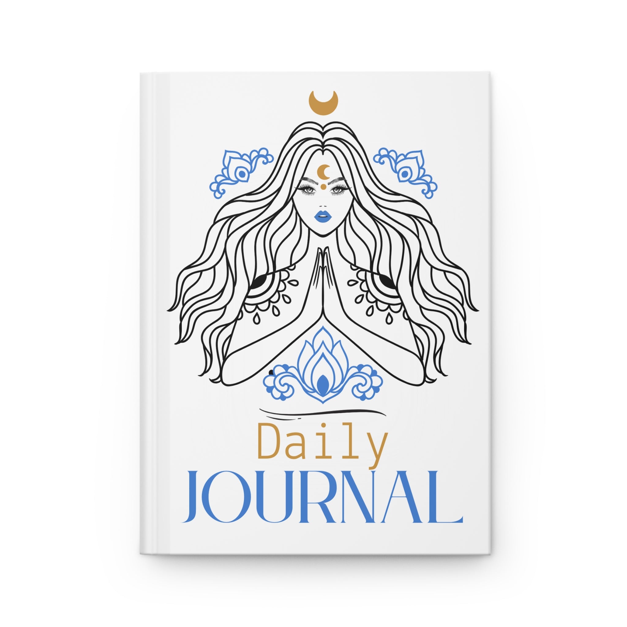 A white hardcover daily journal featuring an illustration of a woman with long flowing hair, blue ornamental details, and gold and blue text reading 'Daily JOURNAL' on the front cover.