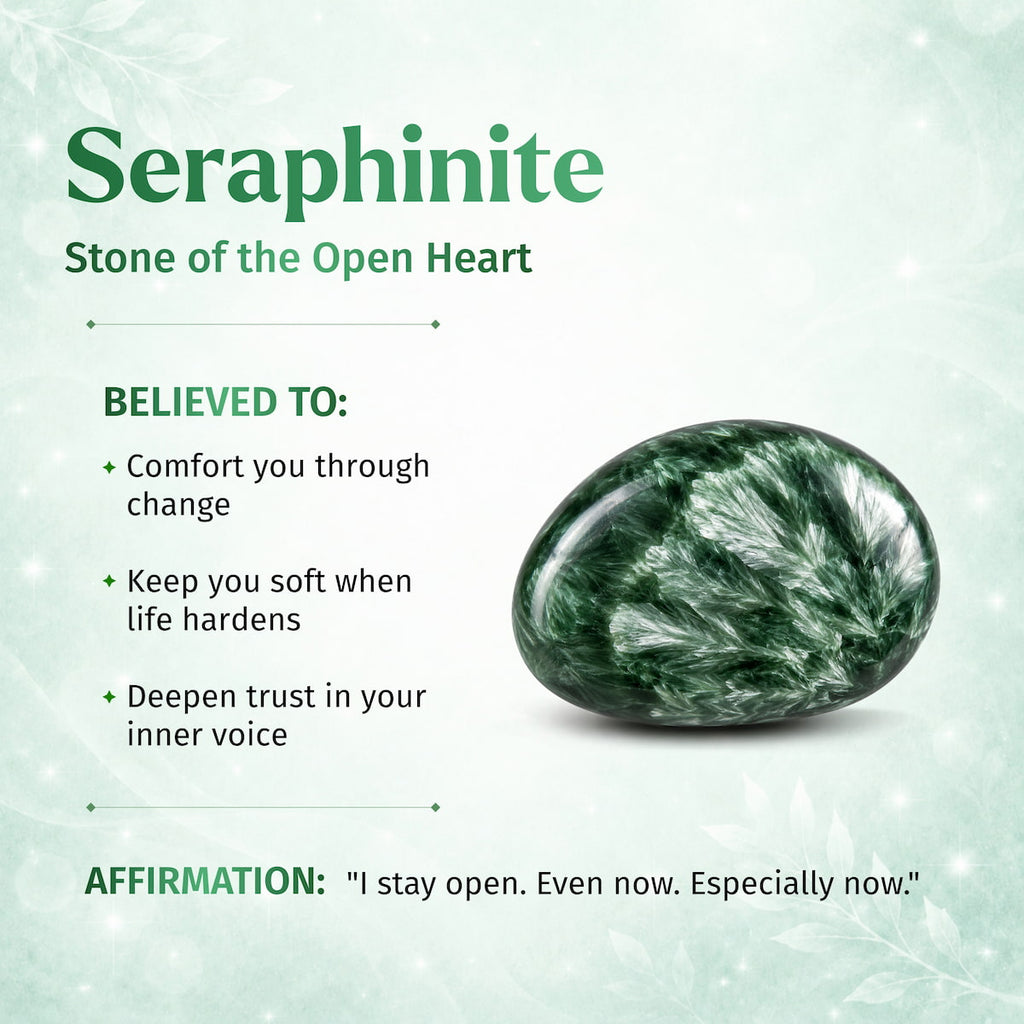A polished green seraphinite stone with white marbled patterns, shown on a light green background with text describing it as the 'Stone of the Open Heart' and its believed qualities.