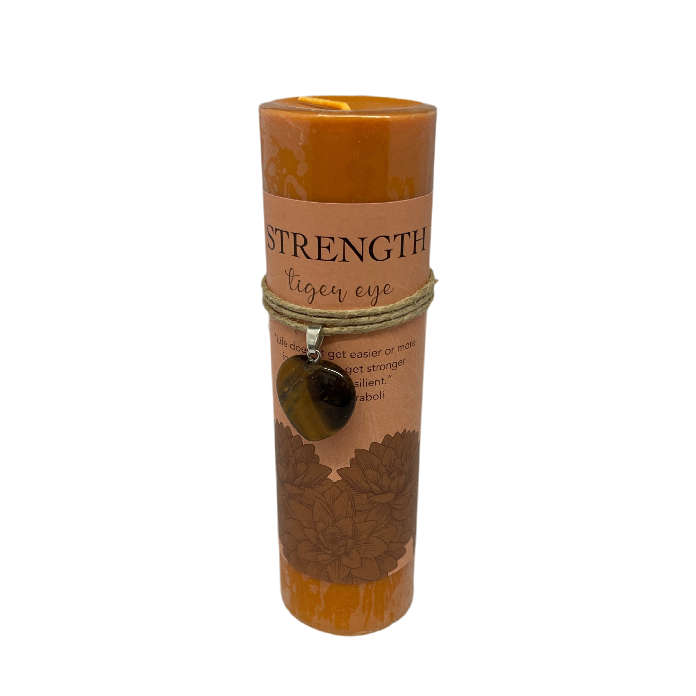 Candle in a decorative paper sleeve with 'Strength' text on a white background