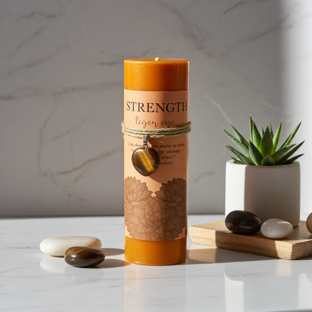 An orange taper candle with a beige paper label reading 'STRENGTH tiger eye' and featuring a tiger eye stone charm wrapped around the middle, styled on a marble surface with decorative stones and a small potted succulent.