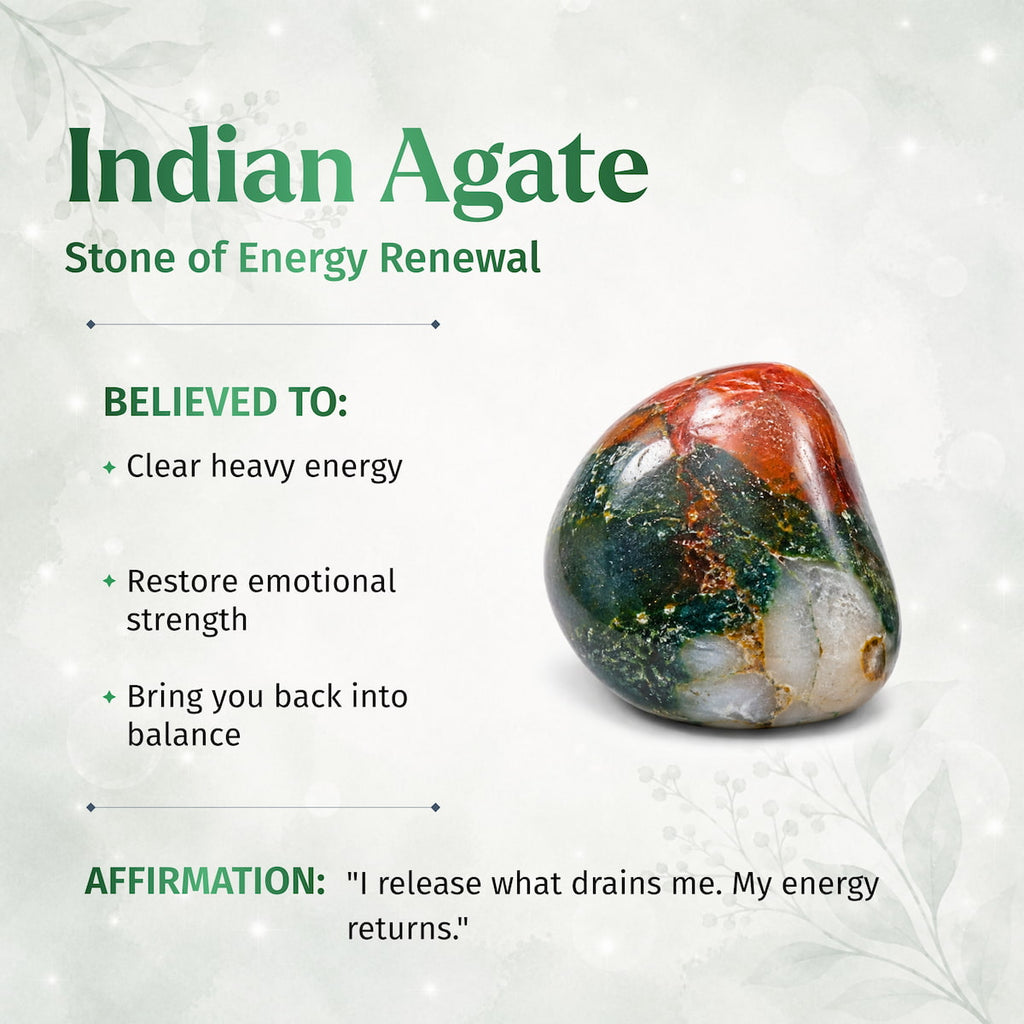 An Indian agate stone with a marbled pattern of red, green, black, and white, displayed on a light textured background with text describing its energy-renewal properties.