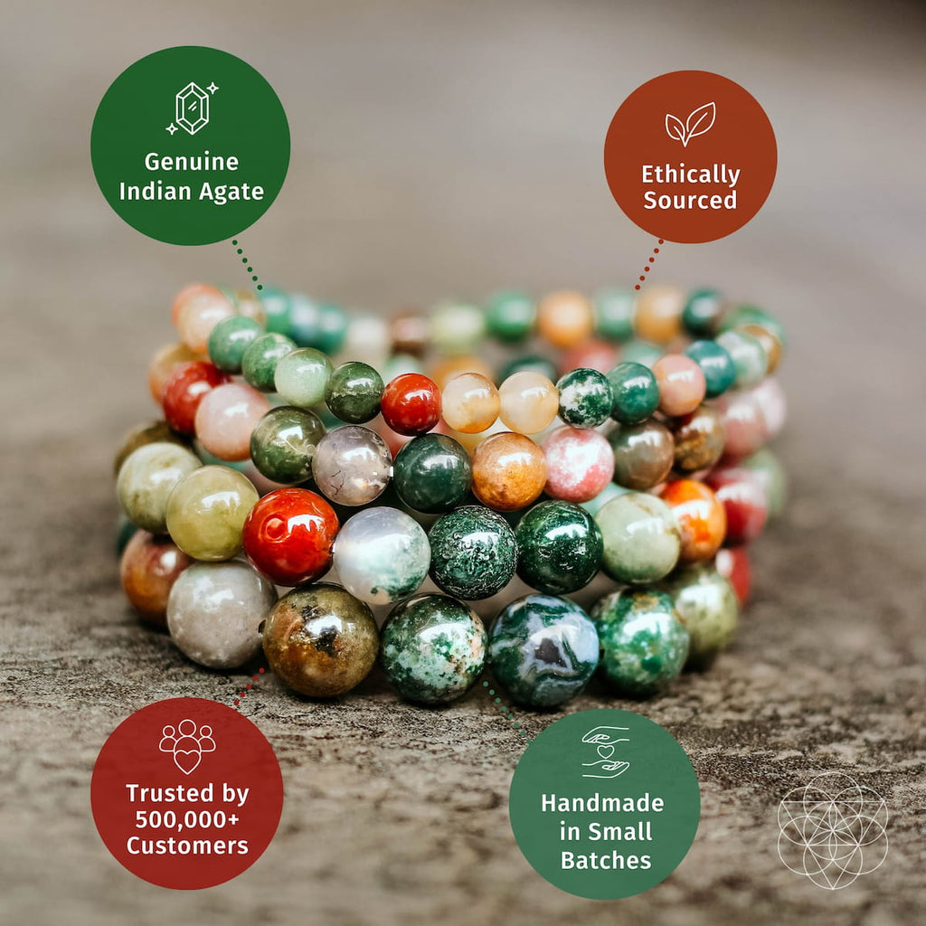 A stack of multi-strand beaded bracelets made from polished Indian agate stones, displayed on a textured wooden surface with four circular promotional badges around it.