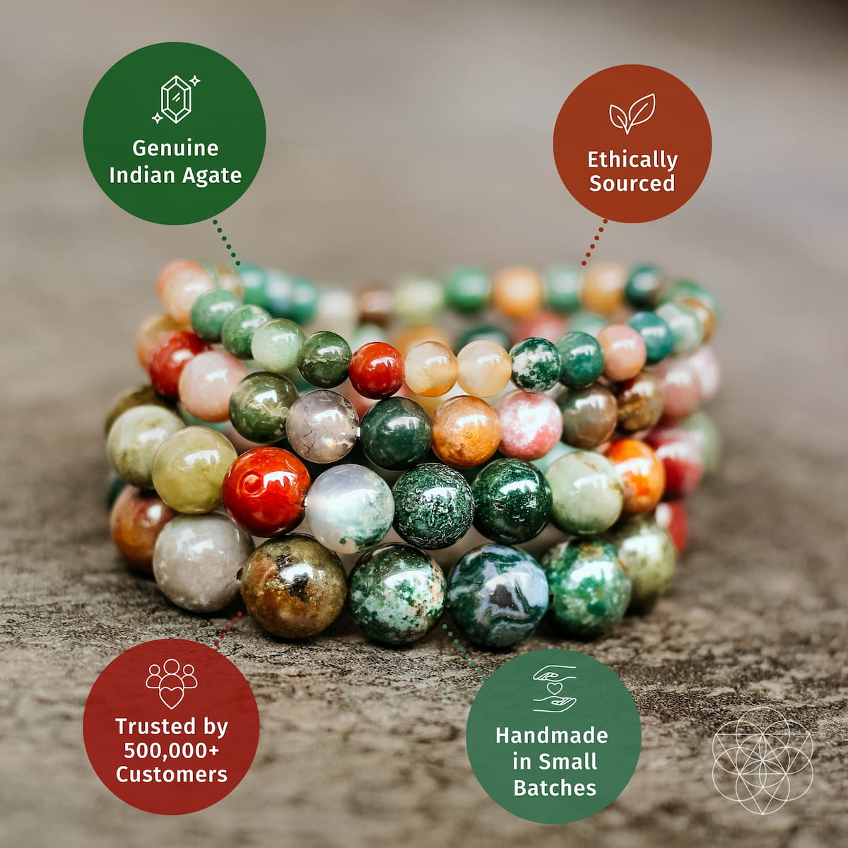 A stack of multi-strand beaded bracelets made from polished Indian agate stones, displayed on a textured wooden surface with four circular promotional badges around it.