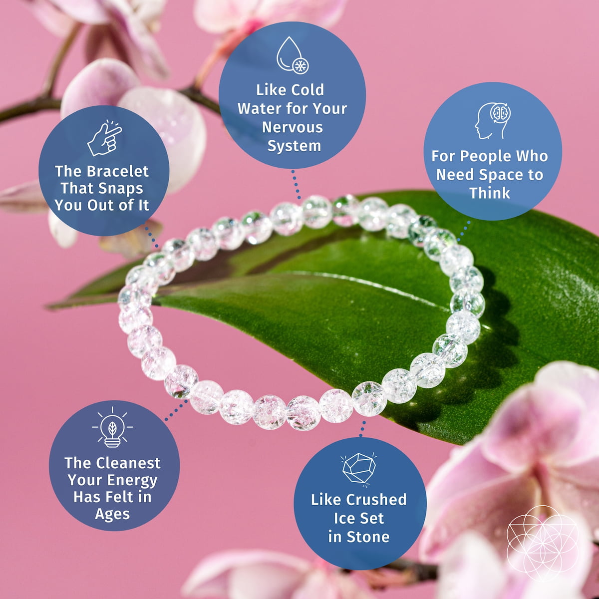 Crystal bracelet on a pink background with text about its benefits