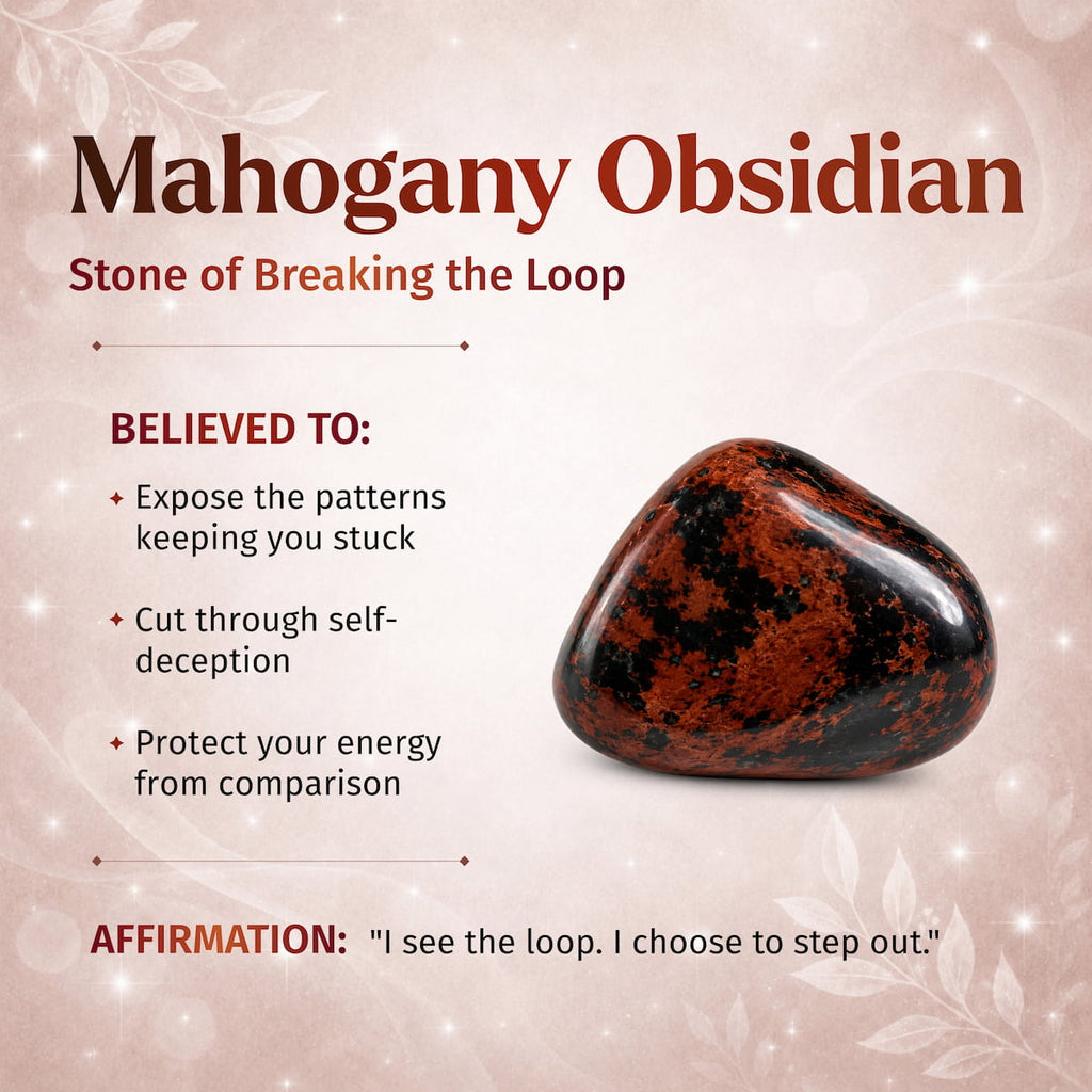 A polished Mahogany Obsidian stone displayed on a soft beige background with decorative leaf motifs and text describing its spiritual benefits and affirmation.