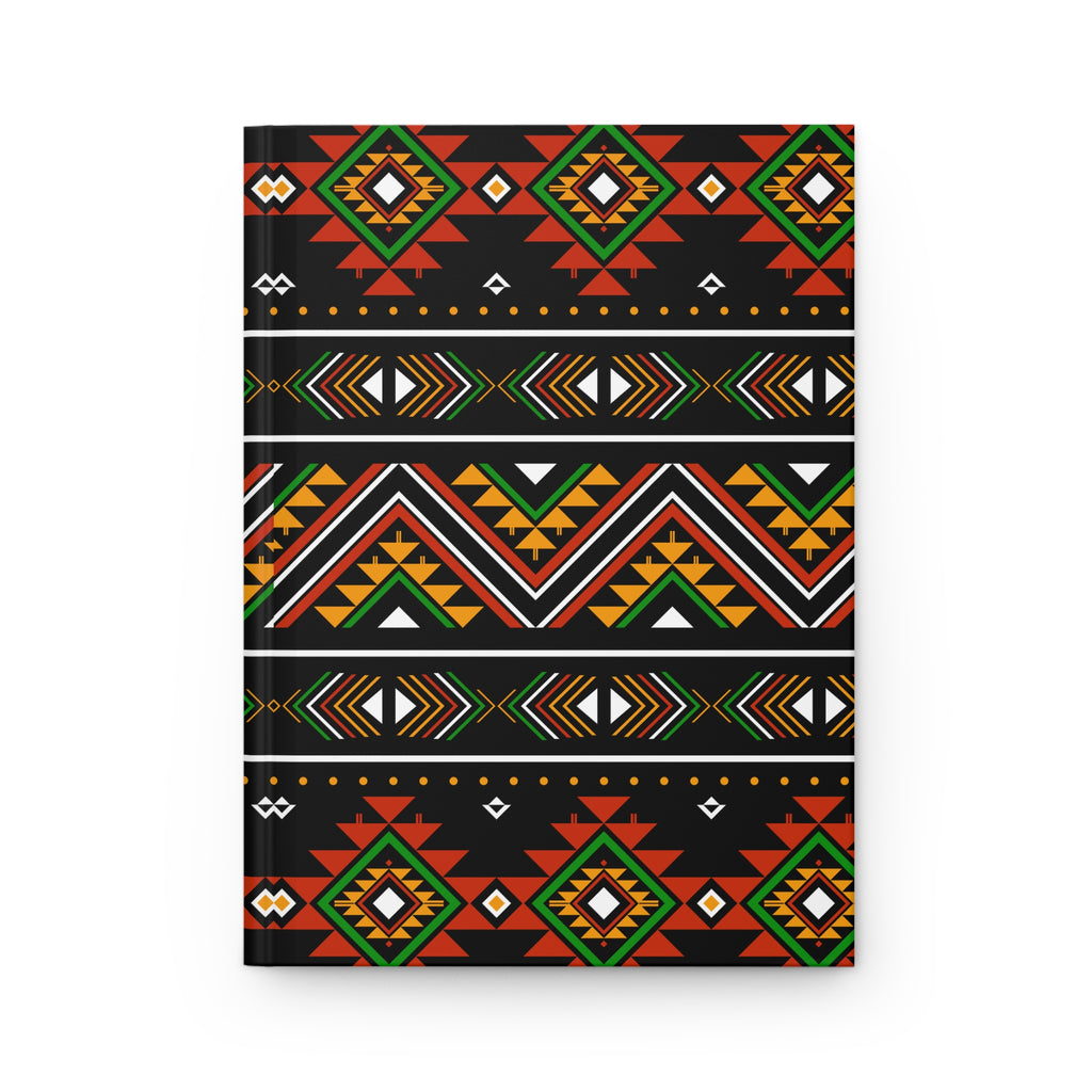 A hardcover notebook with a black cover decorated with multiple horizontal bands of colorful geometric tribal patterns in red, green, orange, yellow, and white, shown on a clean white background.