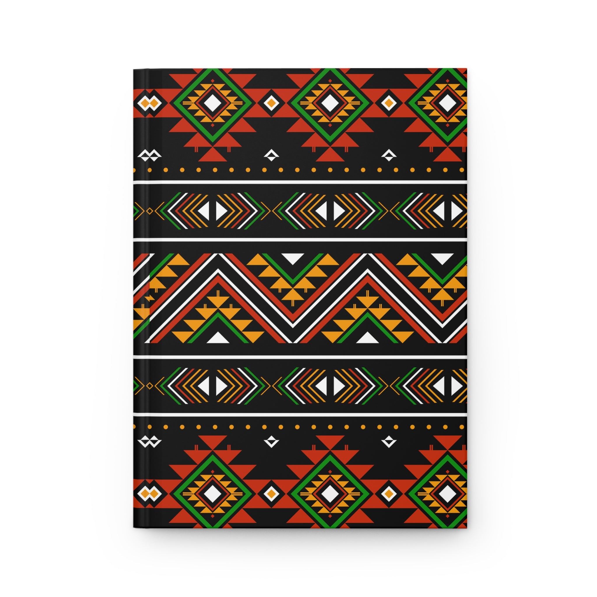 A hardcover notebook with a black cover decorated with multiple horizontal bands of colorful geometric tribal patterns in red, green, orange, yellow, and white, shown on a clean white background.