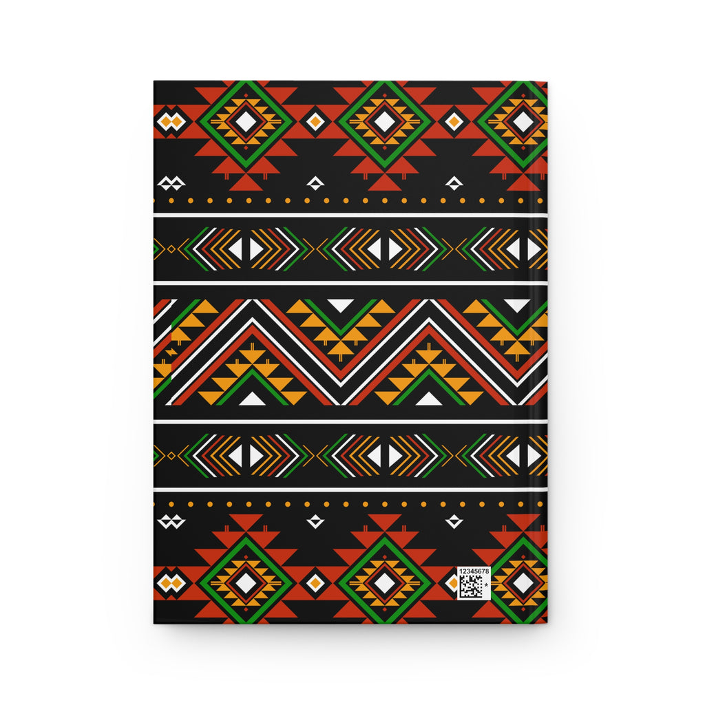 A hardcover notebook with a black cover decorated with four horizontal bands of colorful geometric tribal patterns in red, orange, green, yellow, and white, shown on a plain white background.