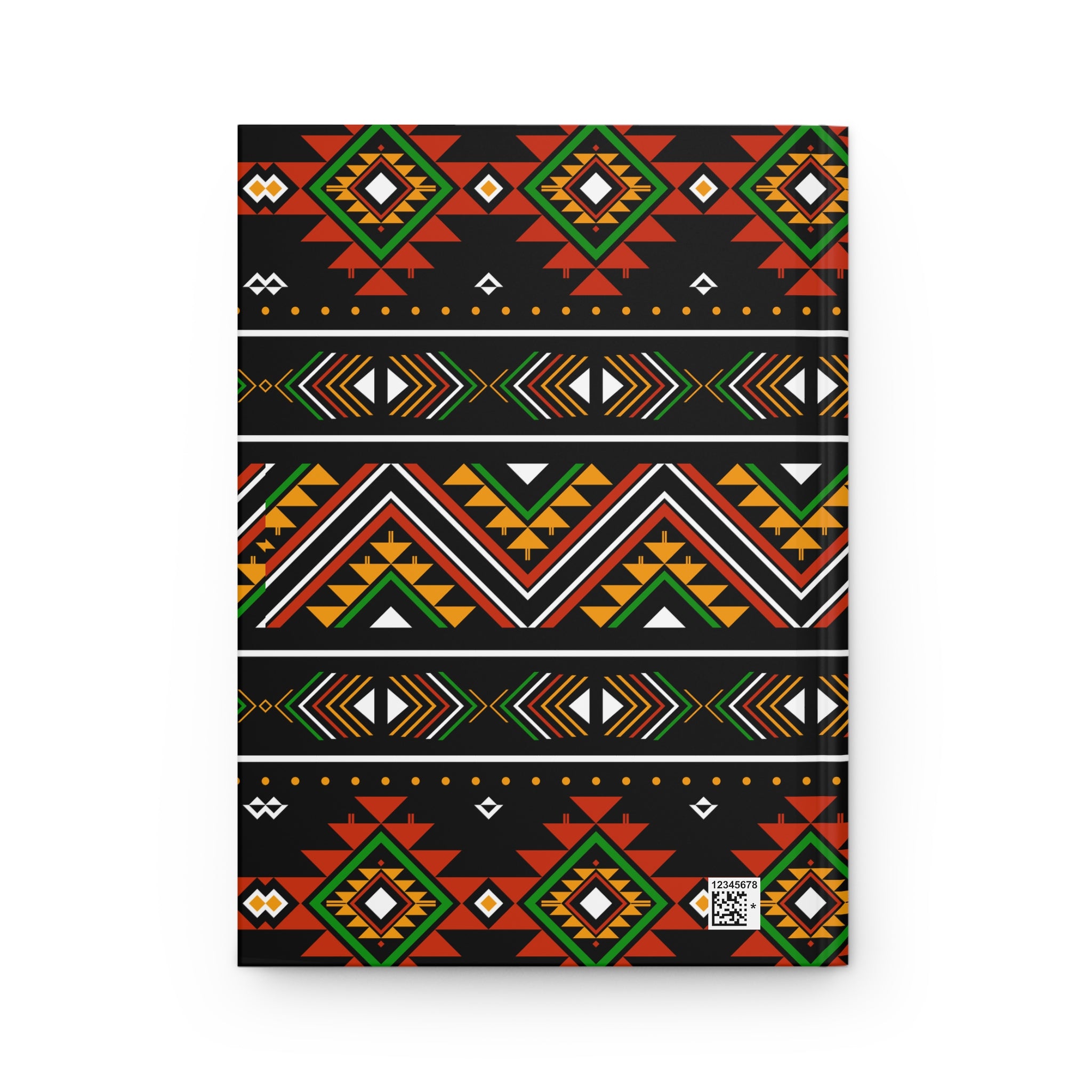 A hardcover notebook with a black cover decorated with four horizontal bands of colorful geometric tribal patterns in red, orange, green, yellow, and white, shown on a plain white background.
