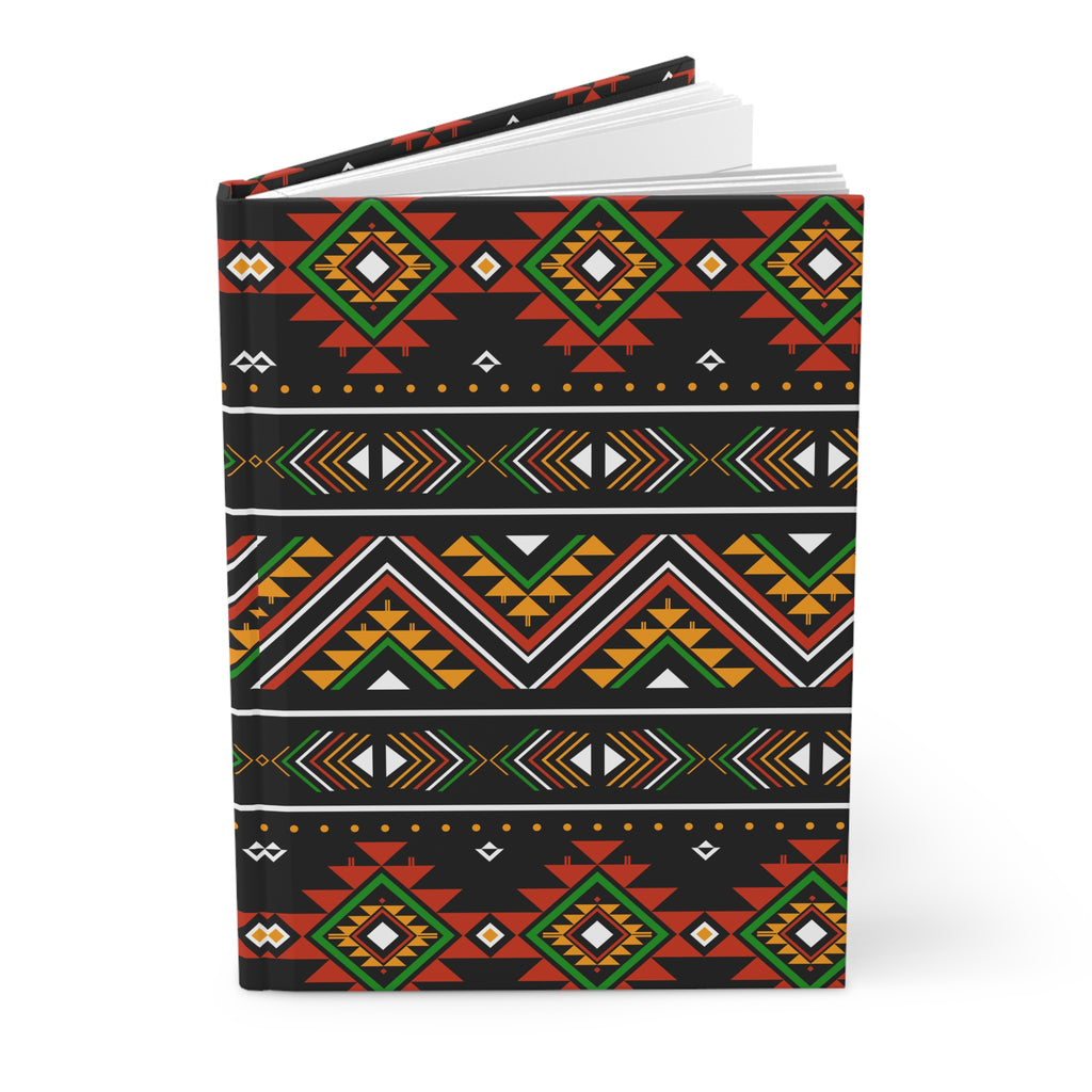 A hardcover notebook with a black cover decorated with colorful geometric tribal patterns in red, green, orange, yellow, and white, shown on a clean white background.