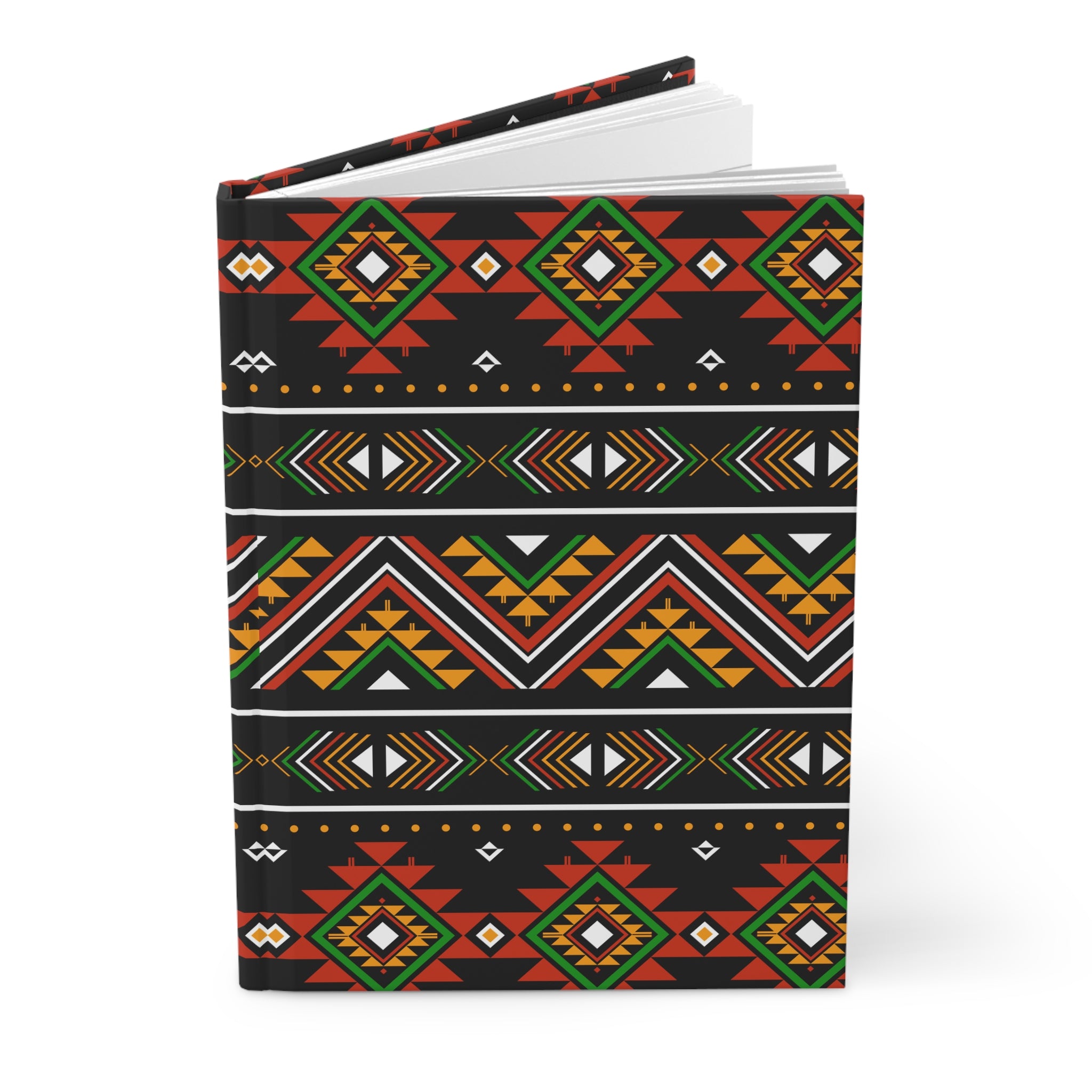 A hardcover notebook with a black cover decorated with colorful geometric tribal patterns in red, green, orange, yellow, and white, shown on a clean white background.