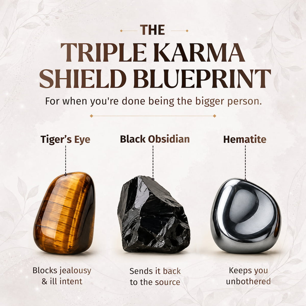 Three stones labeled Tiger's Eye, Black Obsidian, and Hematite with their respective properties on a textured background.