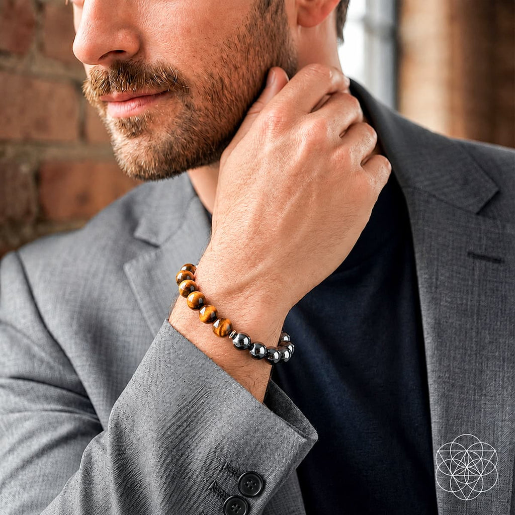 Man wearing a gray suit with a beaded bracelet, against a brick wall background.