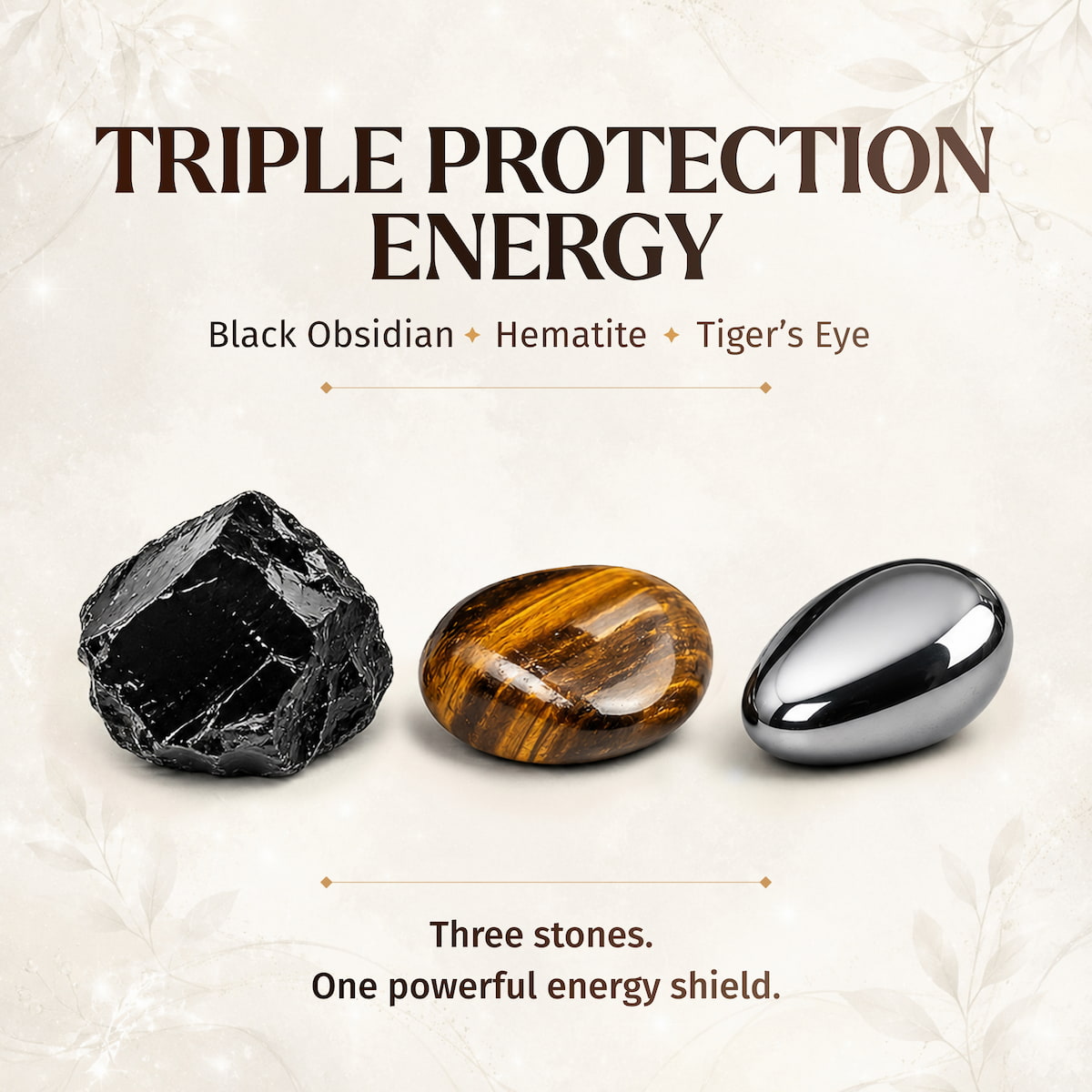 Three stones labeled as Black Obsidian, Hematite, and Tiger's Eye with text about triple protection energy on a textured beige background.