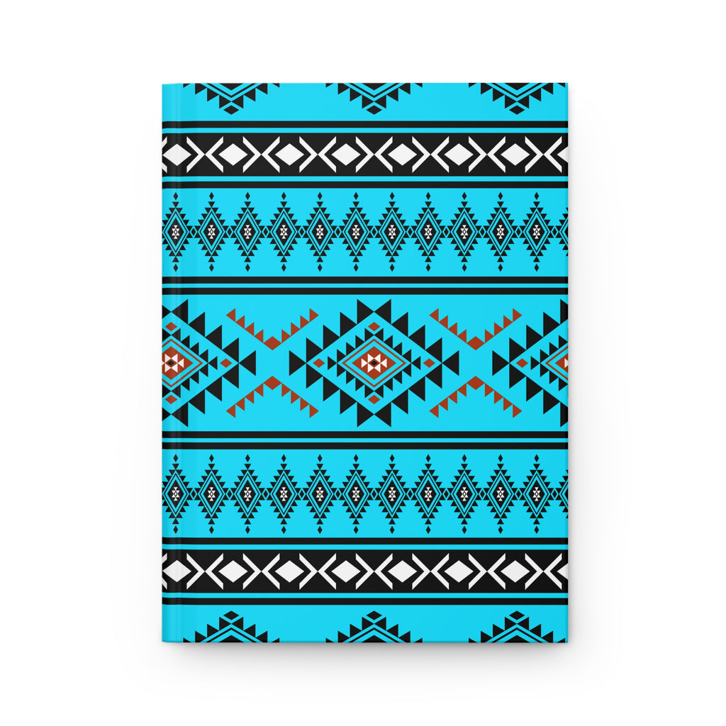 A hardcover notebook with a vibrant turquoise, black, and white geometric Southwestern pattern, shown flat against a clean white background.