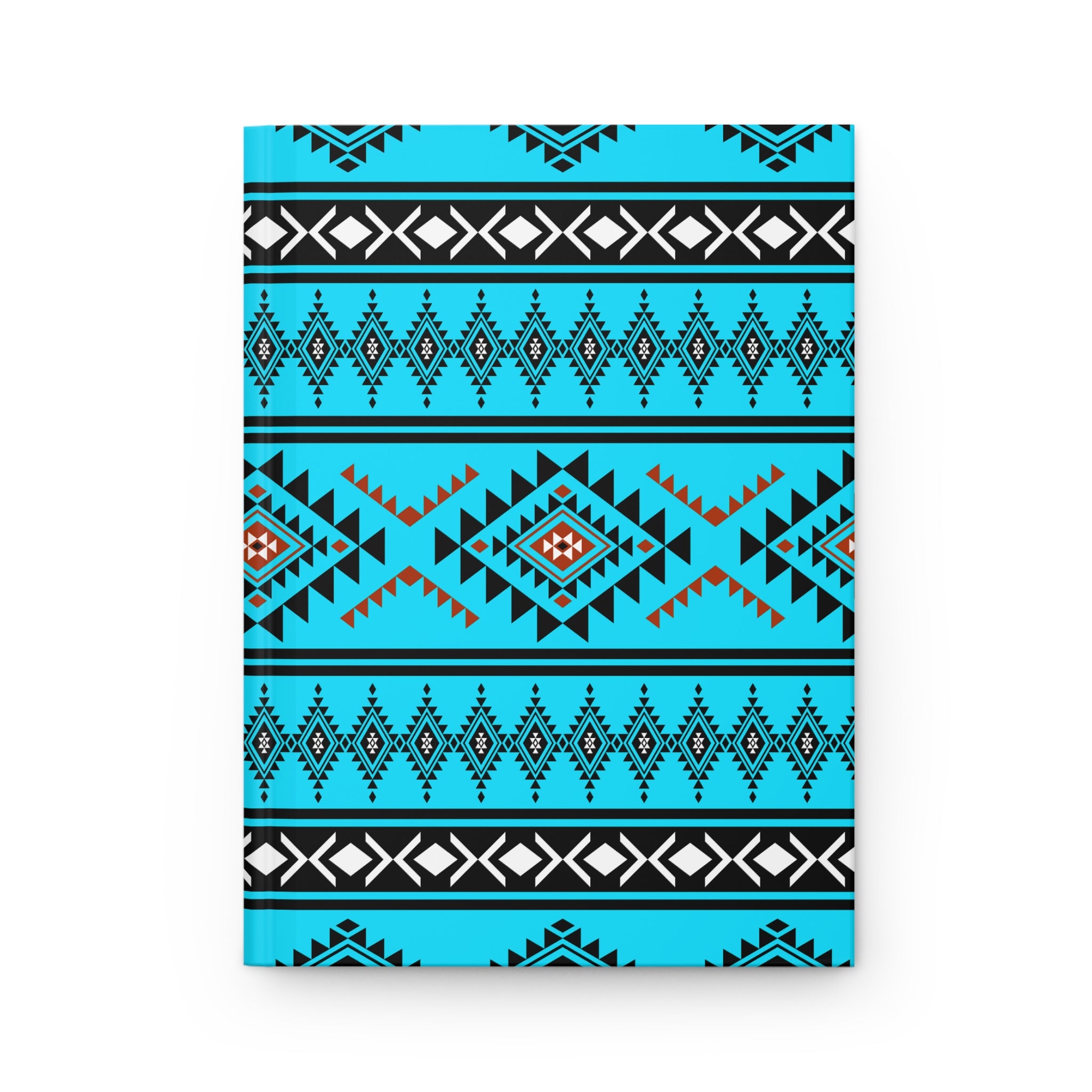 A hardcover notebook with a vibrant turquoise, black, and white geometric Southwestern pattern, shown flat against a clean white background.