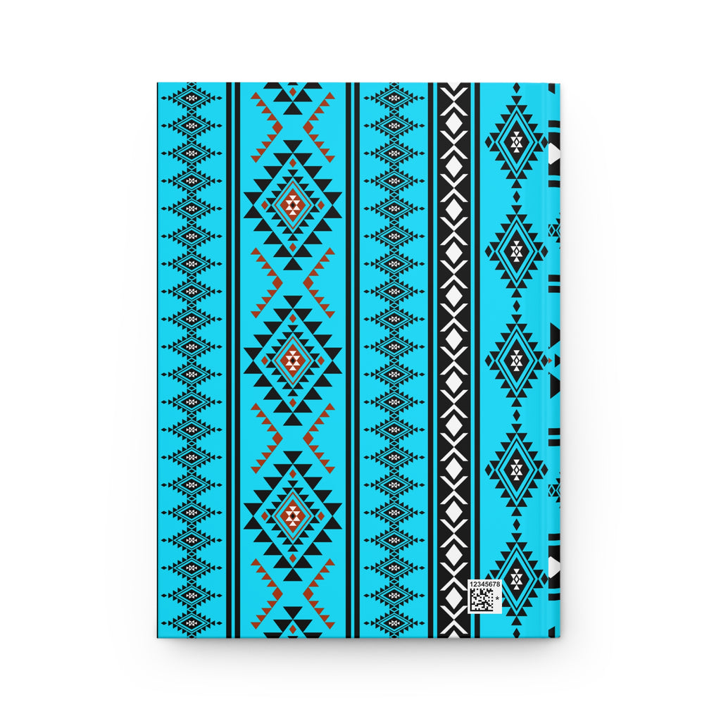 A notebook with a vibrant turquoise blue cover featuring a detailed geometric tribal pattern in black, white, and orange, shown against a plain white background.