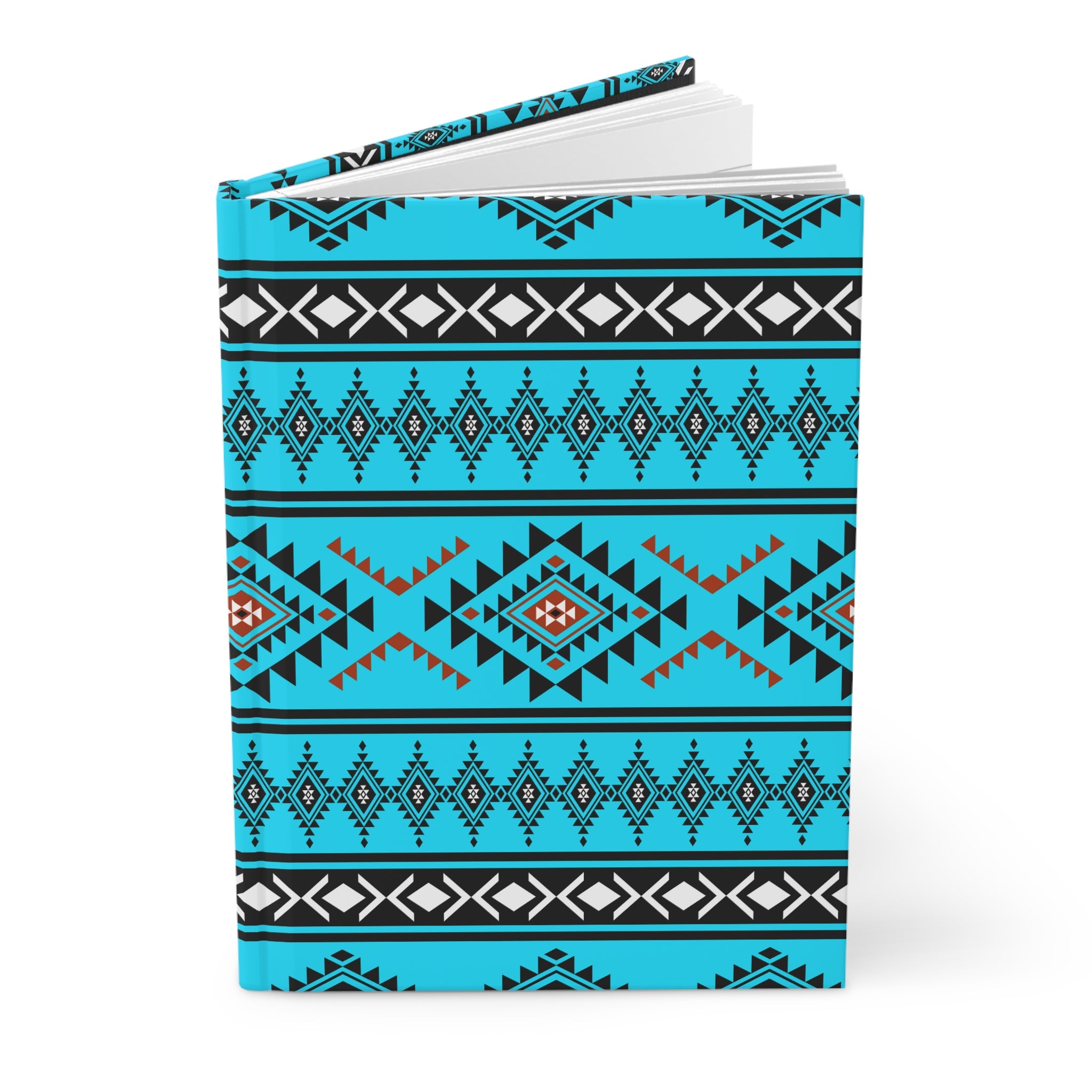 A hardcover notebook with a vibrant turquoise cover featuring a detailed geometric Southwestern-style pattern in black, white, and orange-red, shown on a clean white background.