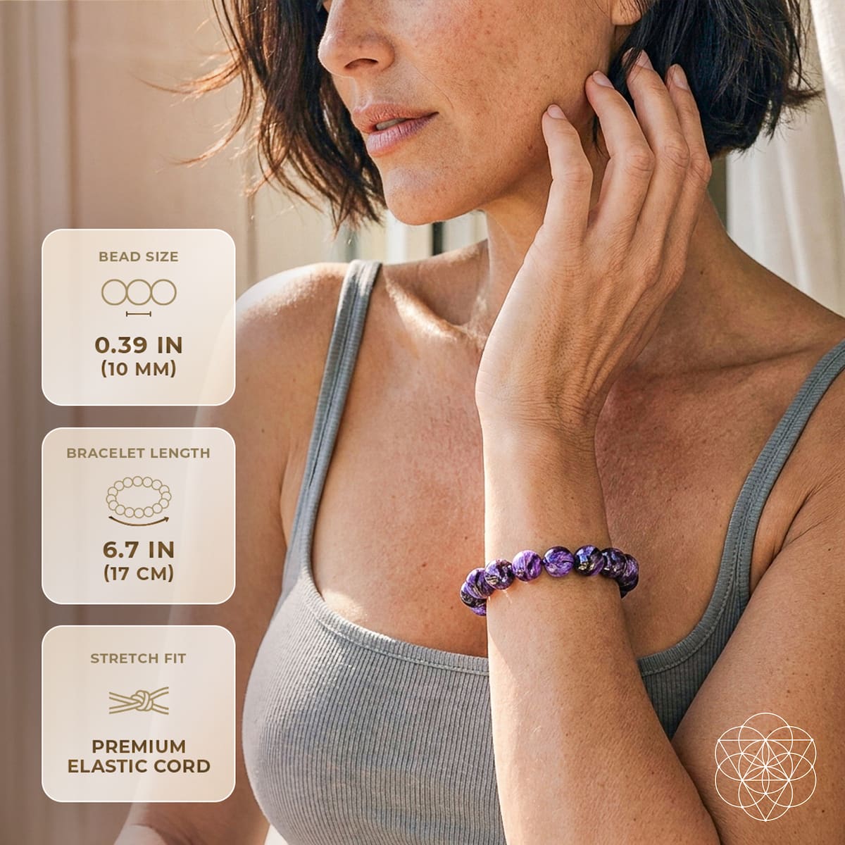 A woman wearing a purple beaded bracelet on her wrist, with three informational text boxes on the left detailing bead size, bracelet length, and stretch fit. The background is a softly blurred indoor setting.