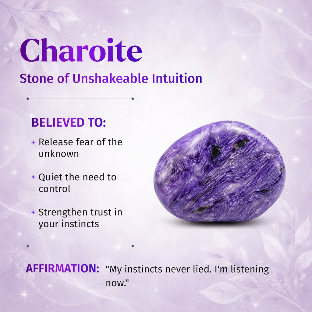 Charoite crystal stone with purple and lavender marbling, shown on a light lavender background with text describing it as the 'Stone of Unshakeable Intuition' and an affirmation.