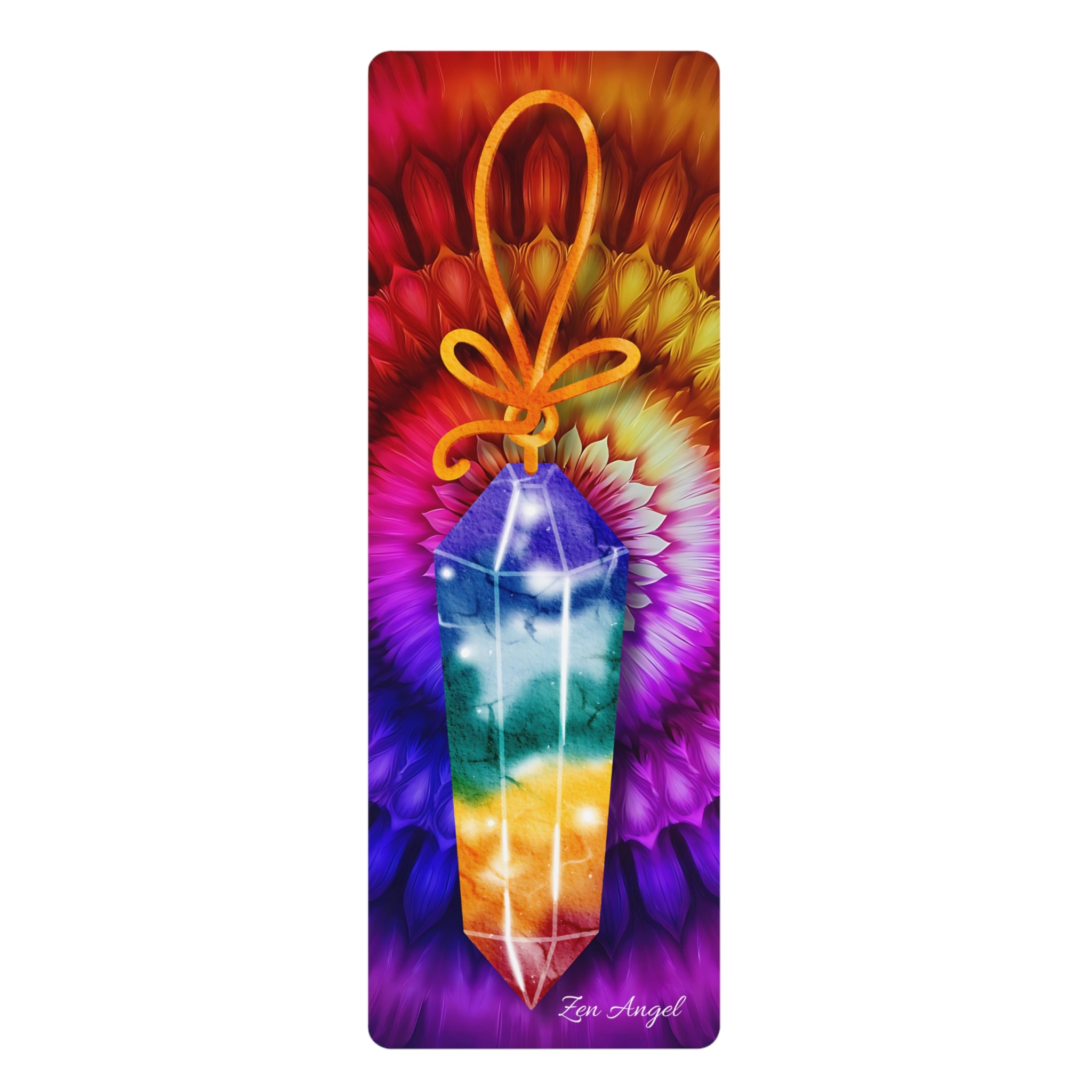 Colorful crystal pendant design on a yoga mat with 'Zen Angel' branding.