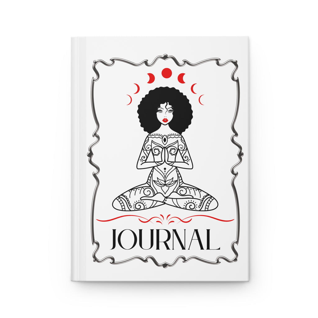 A white hardcover journal featuring a black and red illustration of a meditating woman with moon phases above her head and the word 'JOURNAL' printed at the bottom.
