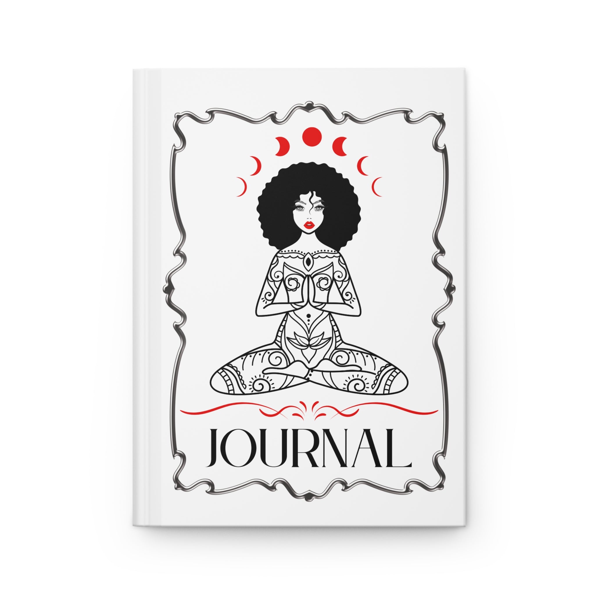 A white hardcover journal featuring a black and red illustration of a meditating woman with moon phases above her head and the word 'JOURNAL' printed at the bottom.