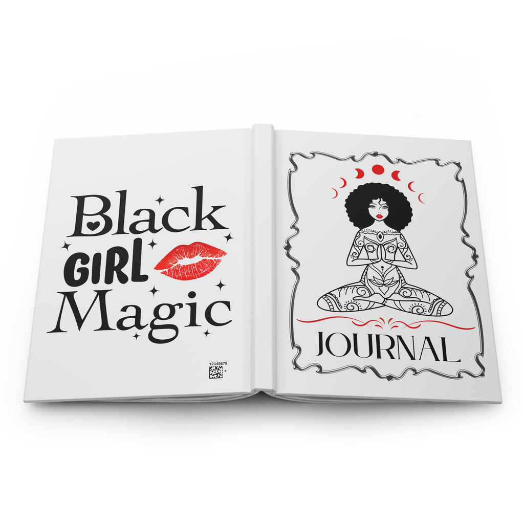 An open journal or book on a white background, showing the left page with the text 'Black Girl Magic' in black lettering with a red lips graphic, and the right page featuring a black-and-white illustrated figure with red crescent moon accents and the word 'JOURNAL'.