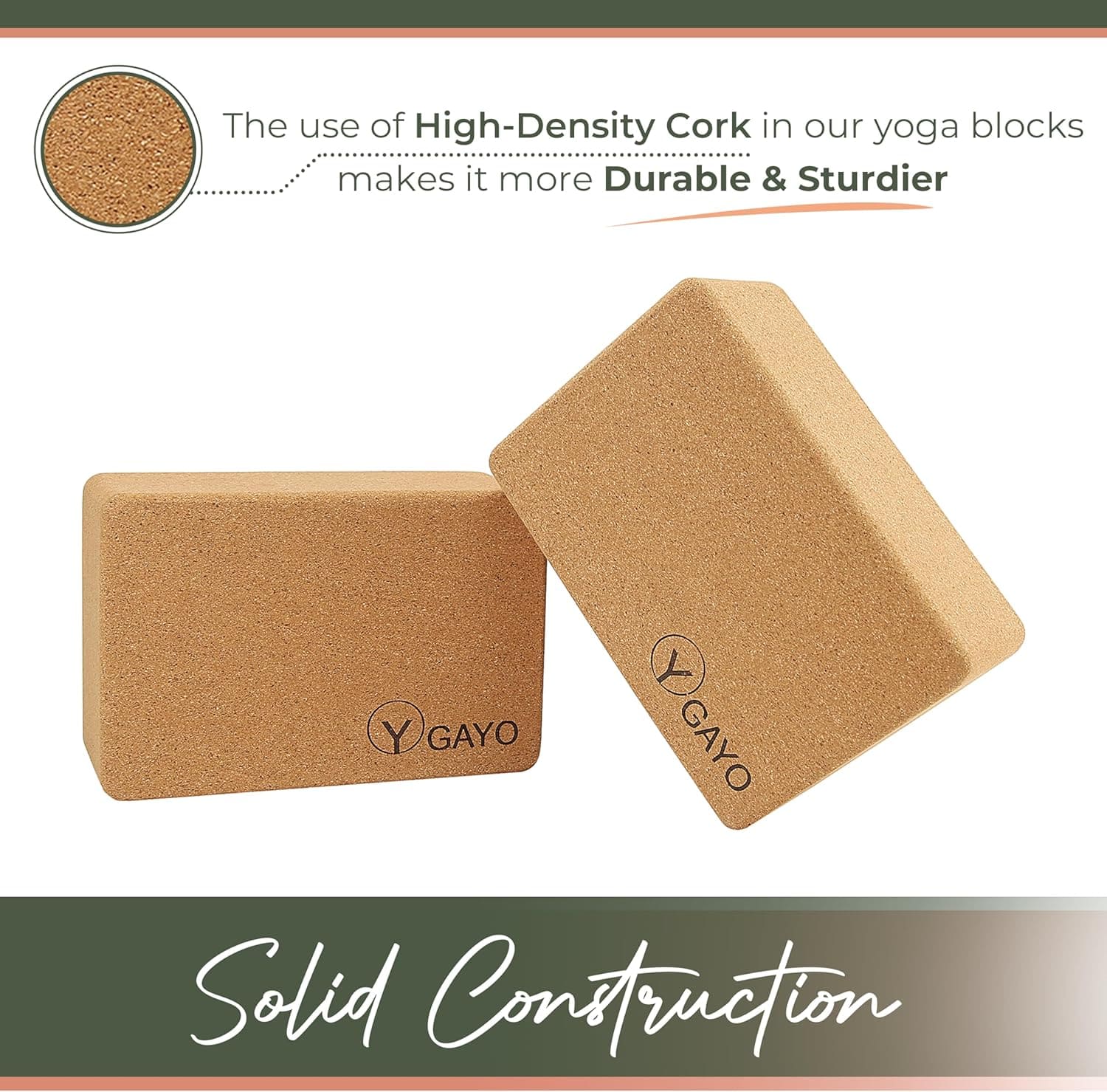 Two cork yoga blocks with 'Y GAYO' branding on a white background, highlighting high-density cork use.